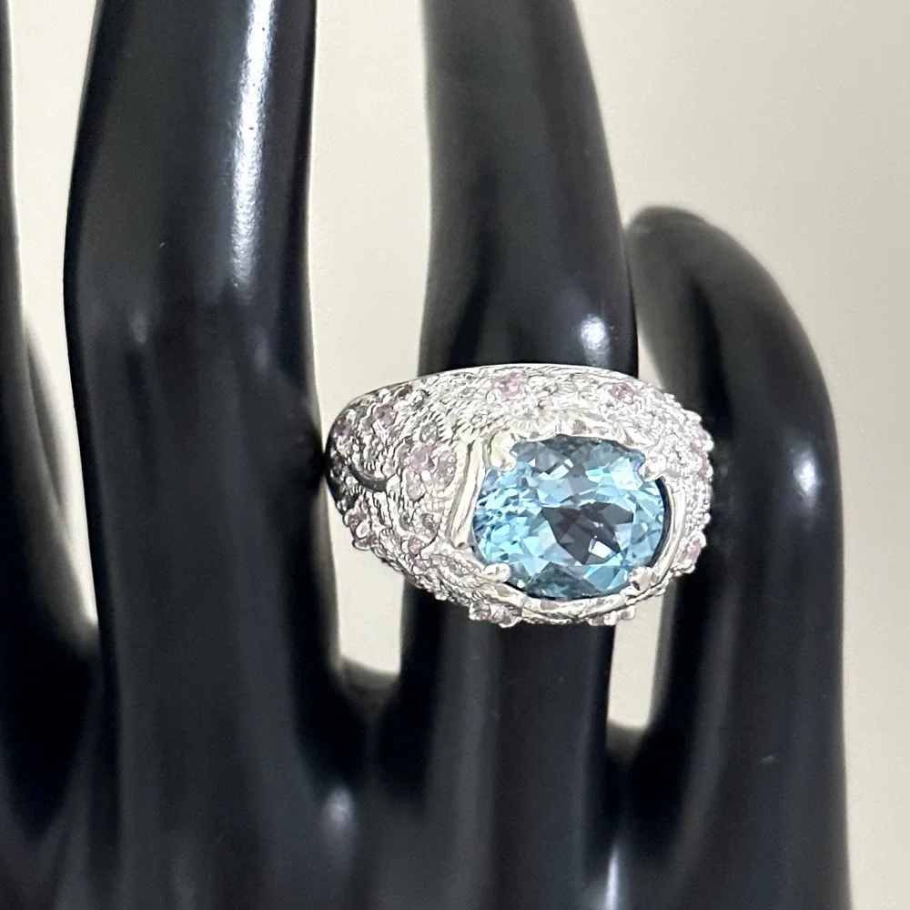 David Sigal 925 Sterling Silver Genuine Blue Topaz Pink CZ Statement Ring Size 9